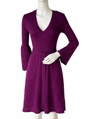 Missoni Purple Merino Wool Fit & Flare Belted V-Neck Dress (Size S M)